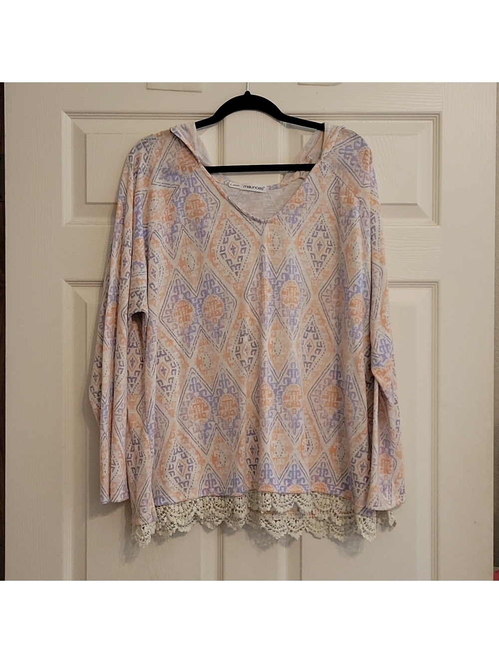 Maurices Plus Size 3 Women's V Neck Hoodie Blouse with Lace Trim, Peachy Pink, 3